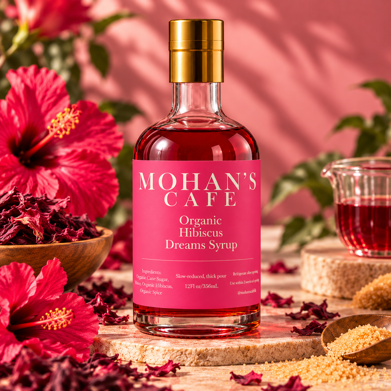 Mohan's Cafe Organic Hibiscus Dreams Syrup, Flavored Simple Syrup for Cocktails, Mocktails, Coffee & Tea