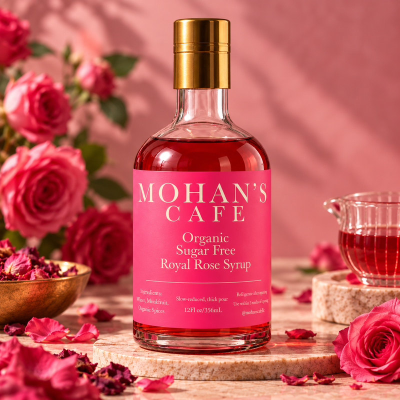 Mohan's Cafe Organic Sugar Free Royal Rose Syrup, Flavored Simple Syrup for Cocktails, Mocktails, Coffee & Tea